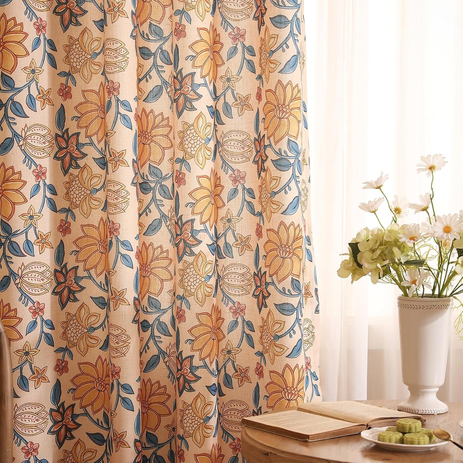 Vintage Semi-Blackout Colorful Floral Curtains with Grommets | Linen Blend | 2 Panels, 53"W × 94"L
