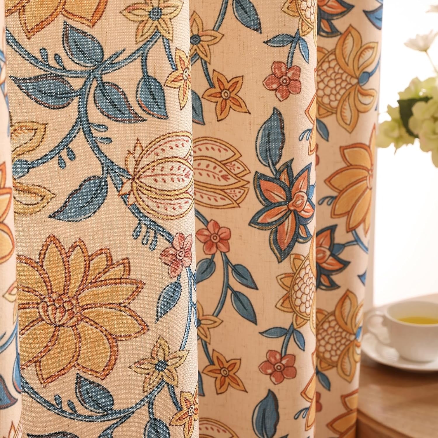 Vintage Semi-Blackout Colorful Floral Curtains with Grommets | Linen Blend | 2 Panels, 53"W × 94"L