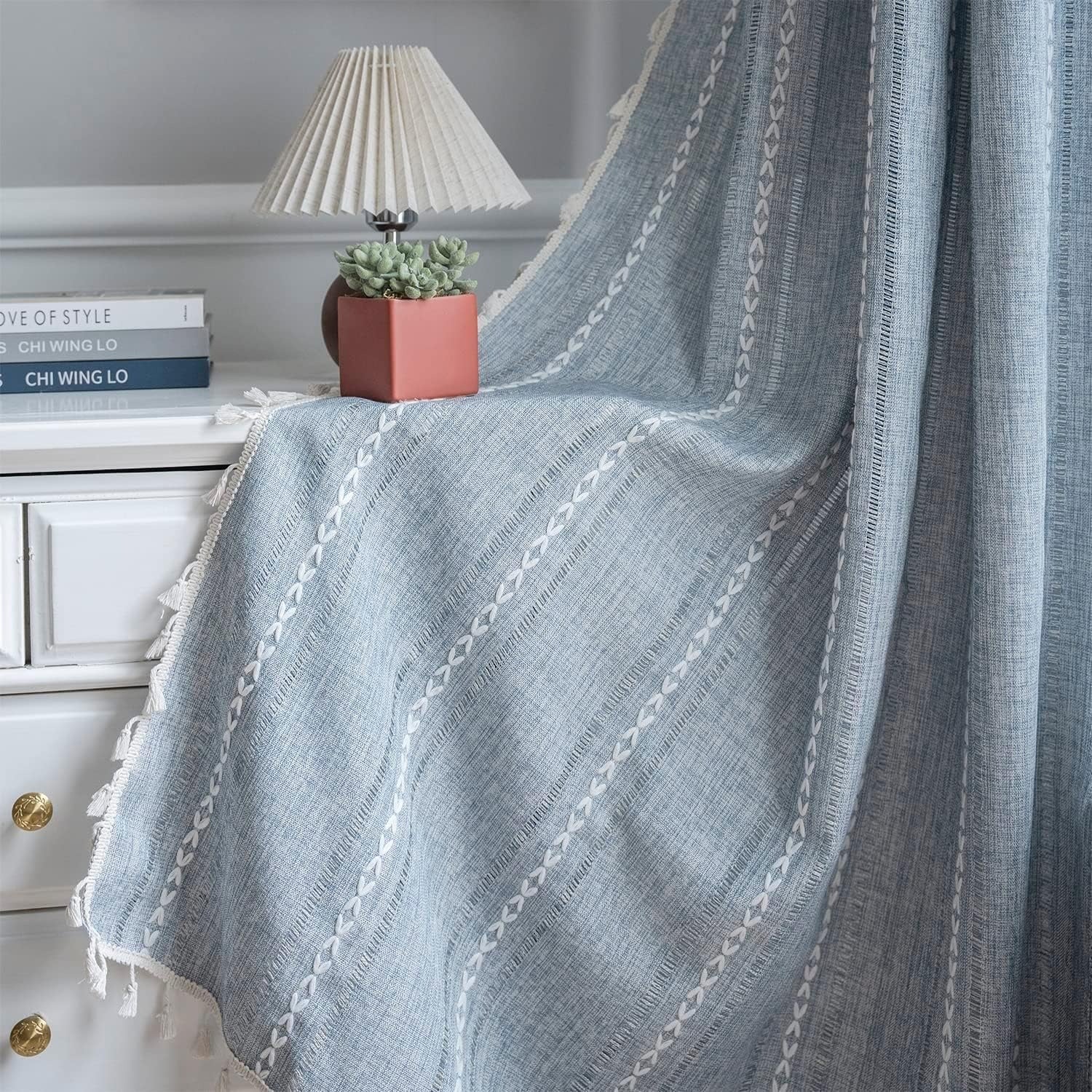 Boho Linen-Textured Curtains | Embroidered Stripe with Tassels | Light Filtering | 2 Panels