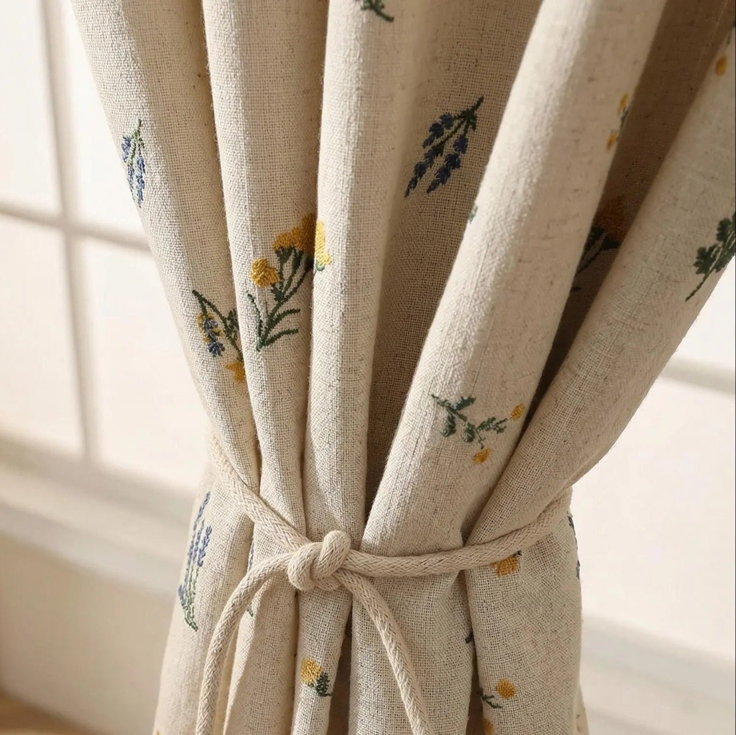 Embroidered Linen Curtain Panel | Boho Floral Fringe | Light Filtering Drapes